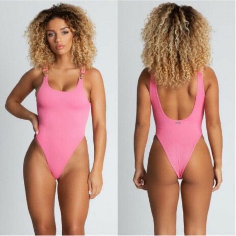 Meshki Pink Yasmin Ribbed Gold Clasp One Piece Bikini XS